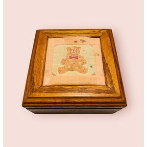 Vintage 1970s Teddy Bear Fabric Illustrated Wooden Trinket Box Made in USA